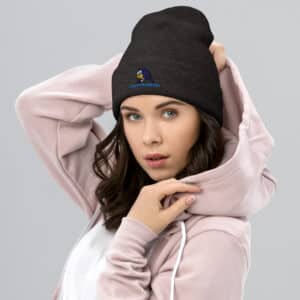 Woman Wearing a Unisex Style Cuffed Beanie Obi Pompanobi Logo Dark Grey Color