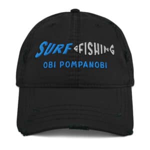 Distressed Dad's Hat with Obi Pompanobi Surf Fishing Logo Black Color