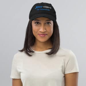 Women Wearing a Distressed Dad's Hat with Obi Pompanobi Surf Fishing Logo