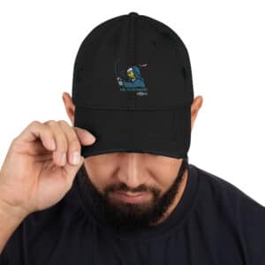 Man Wearing a Distressed Dad's Hat in Obi Pompanobi Logo Design Black Color