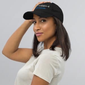 Women Wearing a Distressed Dad's Hat with Obi Pompanobi Surf Fishing Logo