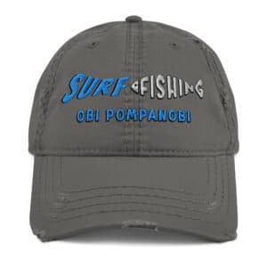 Distressed Dad's Hat with Obi Pompanobi Surf Fishing Logo Charcoal Grey Color