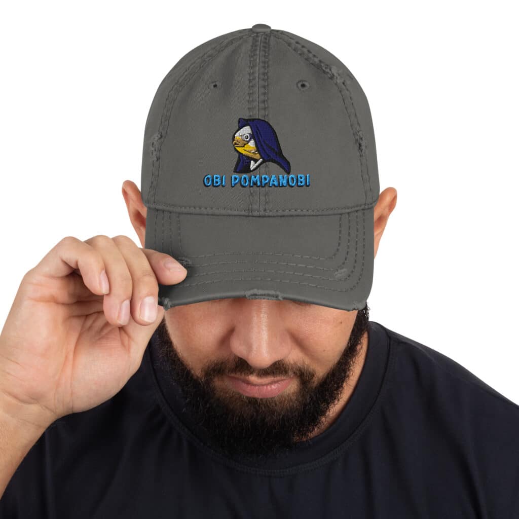 Distressed Dad's Hat with Obi Pompanobi Logo in Grey Color