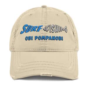 Distressed Dad's Hat with Obi Pompanobi Surf Fishing Logo Khaki Color