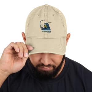 Man Wearing Distressed Dad's Hat in Obi Pompanobi Logo Design Khaki Color