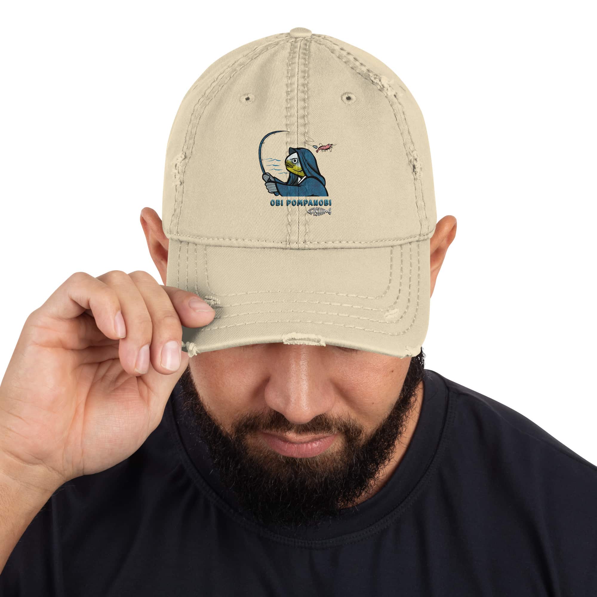 Man Wearing Distressed Dad's Hat in Obi Pompanobi Logo Design Khaki Color