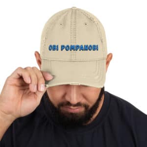 Man Wearing a Distressed Dad's Hat Obi Pompanobi Signature Logo Khaki Color