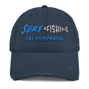 Distressed Dad's Hat with Obi Pompanobi Surf Fishing Logo Navy Blue Color