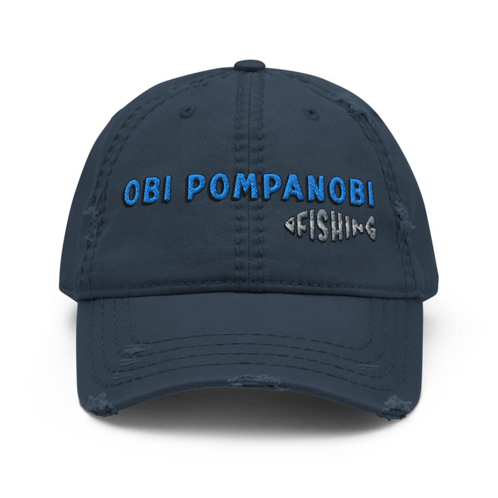 Distressed Dad's Hat with Obi Pompanobi Fishing Logo Navy Blue Color