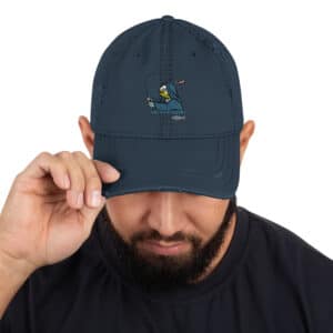 Man Wearing a Distressed Dad's Hat in Obi Pompanobi Logo Design Navy Blue Color