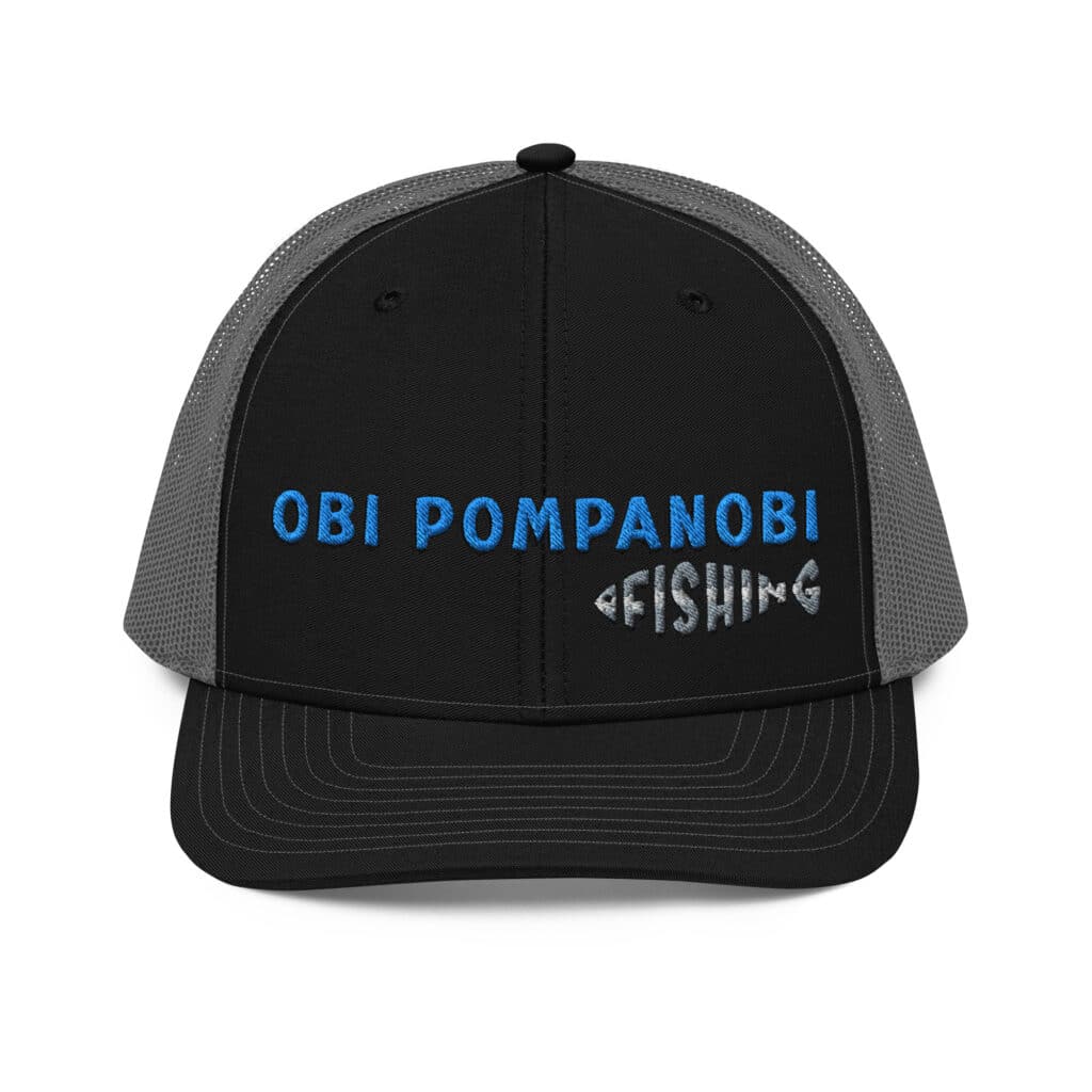 Snapback Truckers Hat with Obi Pompanobi Fishing Logo Black & Charcoal Black Color