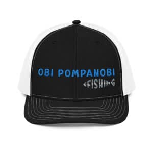 Snapback Truckers Hat with Obi Pompanobi Fishing Logo Black & White Color