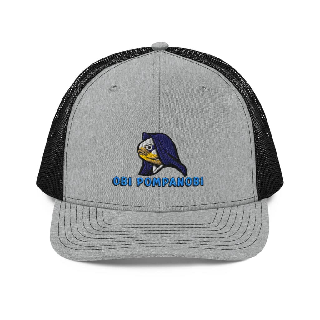 Snapback Truckers Hat with Obi Pompanobi Logo on Heather Grey & Black Color