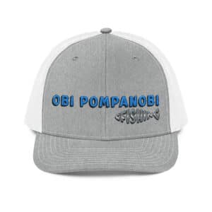 Snapback Truckers Hat with Obi Pompanobi Fishing Logo Heather Grey & White Color