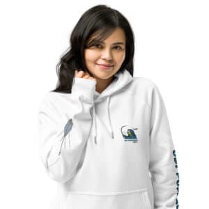 Woman Wearing Hoodie in a Sputnik Send It! Design White Color