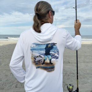 Dorman wearing a Sport-tec Performance Hoodie surf fishing back