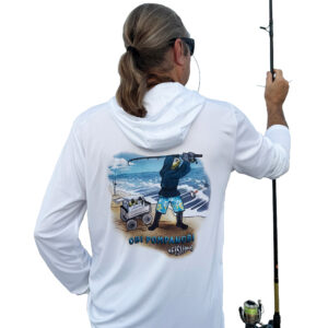 Featured Dorman wearing a Sport-tec Performance Hoodie surf fishing back