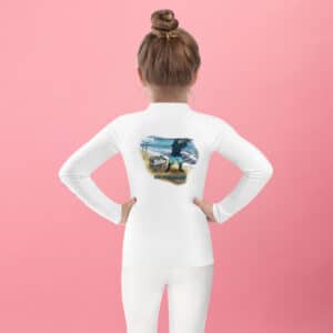 Child Wearing a Kid's Rash Guard Beach Scene White Color
