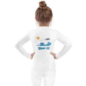 Small Child Wearing a Kid's Rash Guard with Sputnik Send It! Design White Color