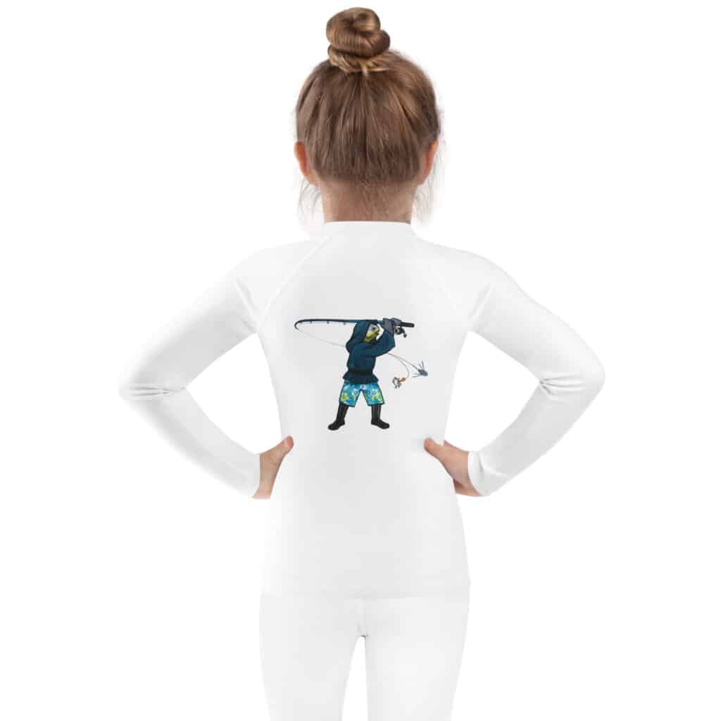 Small Child Wearing a Kid's Rash Guard with Obi Surf Casting Design White Color