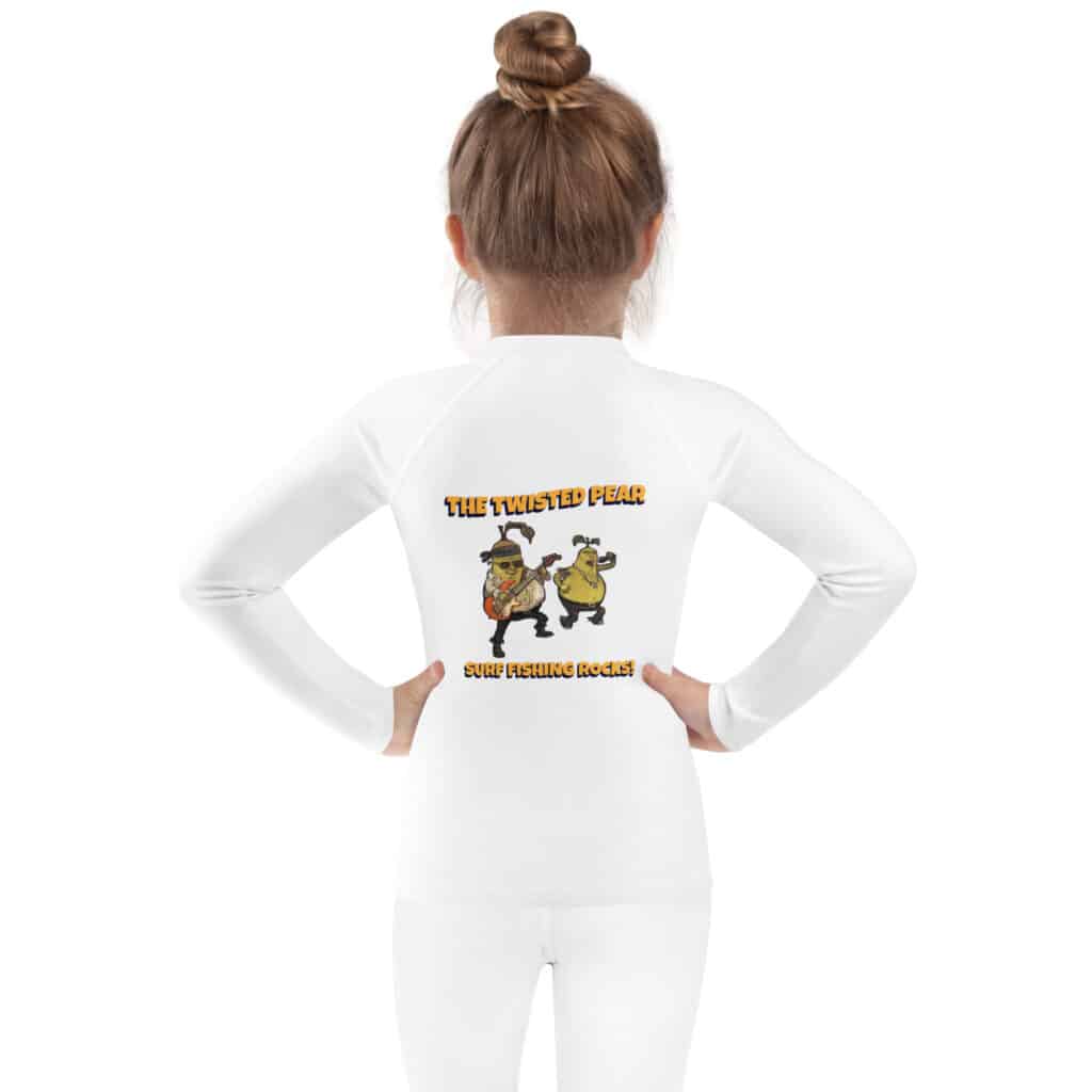 Small Child Wearing a Kid's Rash Guard with Twisted Pear Design White Color