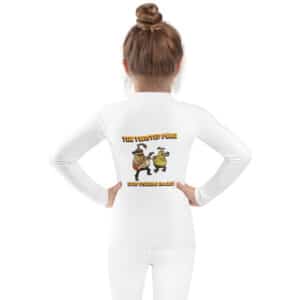 Small Child Wearing a Kid's Rash Guard with Twisted Pear Design White Color