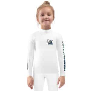 Small Child Wearing a Kid's Rash Guard with Sputnik Send It! Design White Color