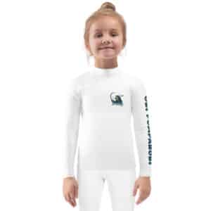 Small Child Wearing a Kid's Rash Guard with Obi Surf Casting Design White Color