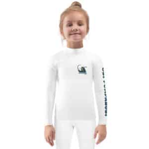 Small Child Wearing a Kid's Rash Guard with Twisted Pear Design White Color