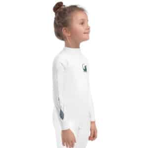 Small Child Wearing a Kid's Rash Guard with Sputnik Send It! Design White Color