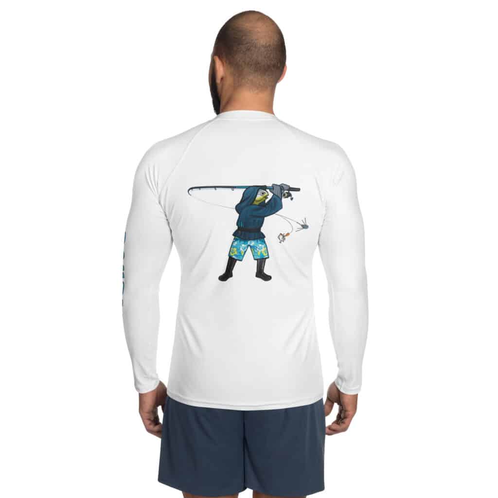 Man Wearing a Rash Guard Obi Surf Casting Design White Color