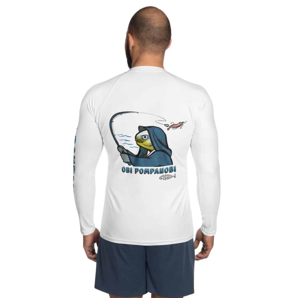 Man Wearing Men's White Rash Guard with Obi Surf Casting Design
