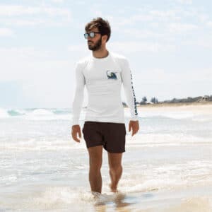 Man Wearing a Rash Guard in a Beach Scene Design White Color