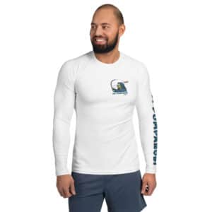 Man Wearing a Rash Guard Obi Surf Casting Design White Color