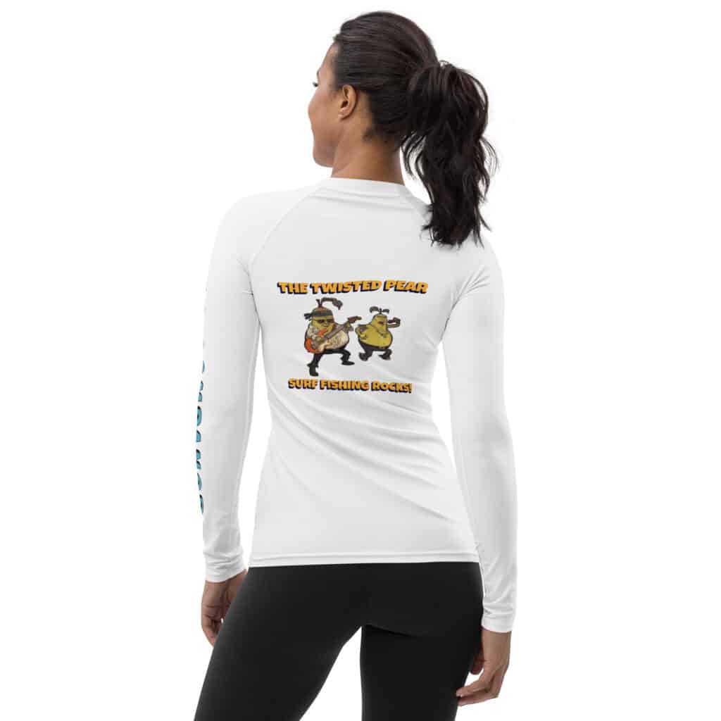 Woman Wearing a Rash Guard Twisted Pear Design White Color