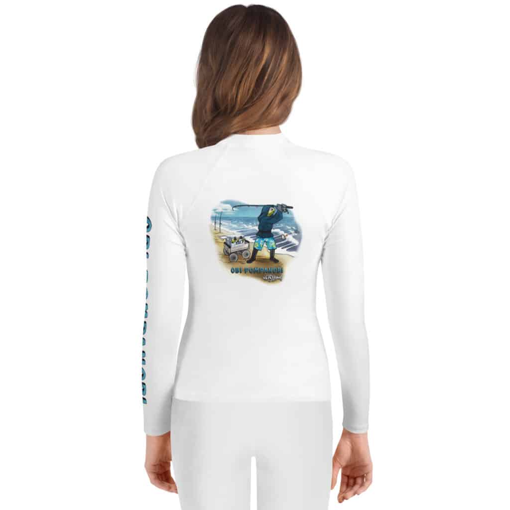 Youth Woman Wearing a Rash Guard in a Beach Scene Design White Color