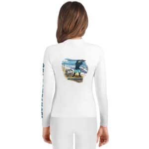 Youth Woman Wearing a Rash Guard in a Beach Scene Design White Color