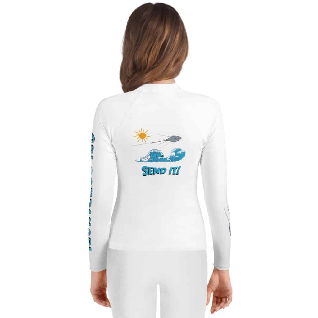 Youth Woman Wearing a Rash Guard in a Sputnik Send It Design White Color