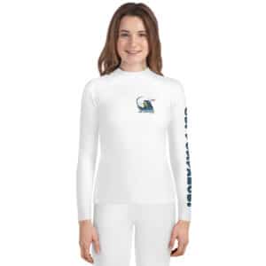 Youth Woman Wearing a Rash Guard in a Beach Scene Design White Color