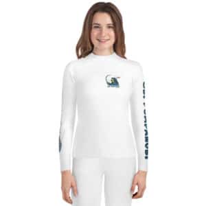 Youth Woman Wearing a Rash Guard in a Sputnik Send It Design White Color