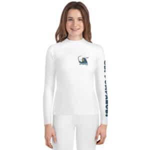 Young Woman Youth Wearing a Youth Rash Guard Twisted Pear Design White Color
