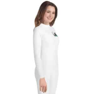 Youth Woman Wearing a Rash Guard in a Beach Scene Design White Color