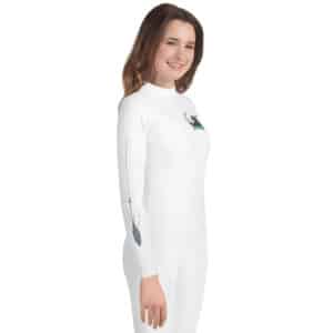 Youth Woman Wearing a Rash Guard in a Sputnik Send It Design White Color