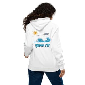 Woman Wearing a Unisex Hoodie in a Sputnik Send It! Design White Color