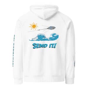 Woman Wearing a Unisex Hoodie in a Sputnik Send It! Design White Color