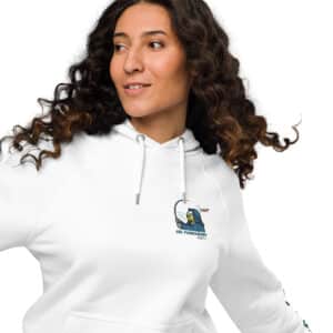 Woman Wearing a Unisex Hoodie in a Sputnik Send It! Design White Color