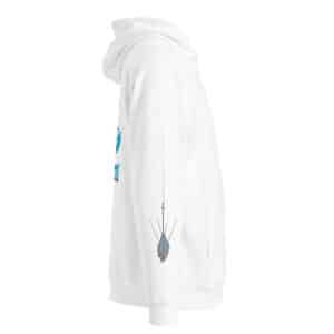 Woman Wearing a Unisex Hoodie in a Sputnik Send It! Design White Color