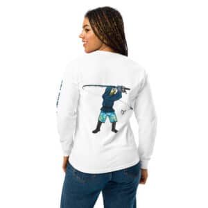 Woman wearing a Obi Pompanobi Surf Casting Design on L/S T-shirt White color