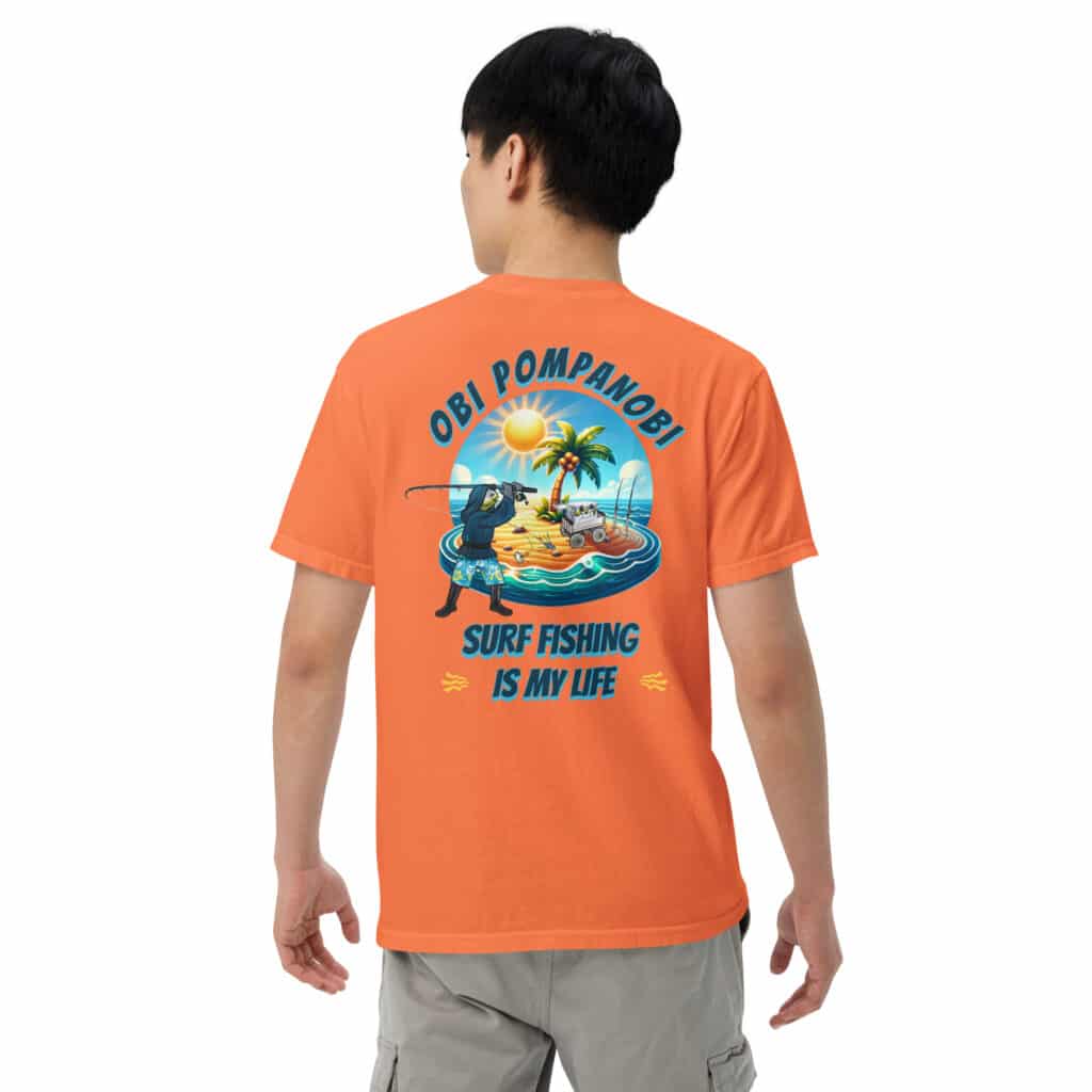 Obi Pompanobi "surf fishing life" design Burnt Orange t-shirt