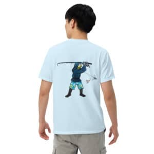 Obi Pompanobi Surf Casting on Chambray color T-shirt